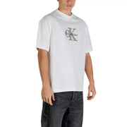 White Calvin Klein Jeans men t-shirt featuring a silver CK logo and brand name on the chest in cotton material