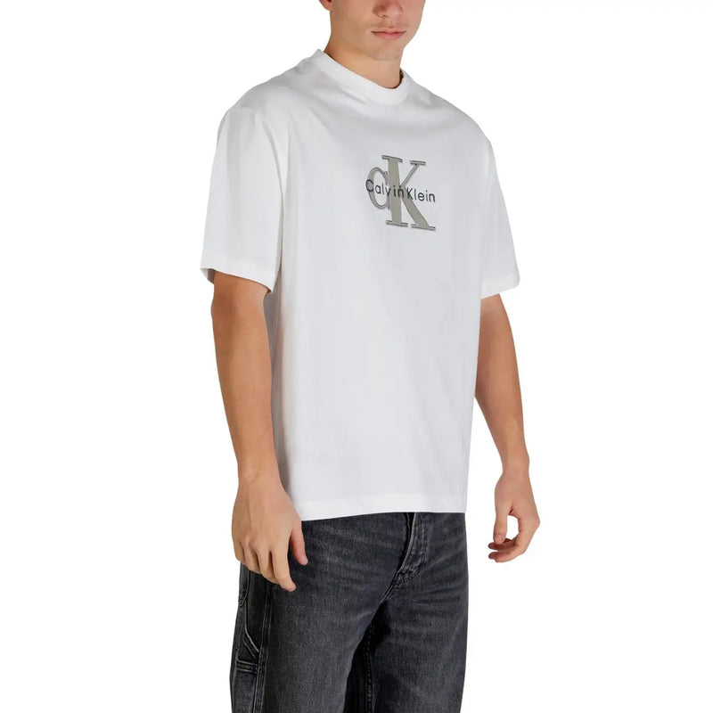 White Calvin Klein Jeans men t-shirt featuring a silver CK logo and brand name on the chest in cotton material