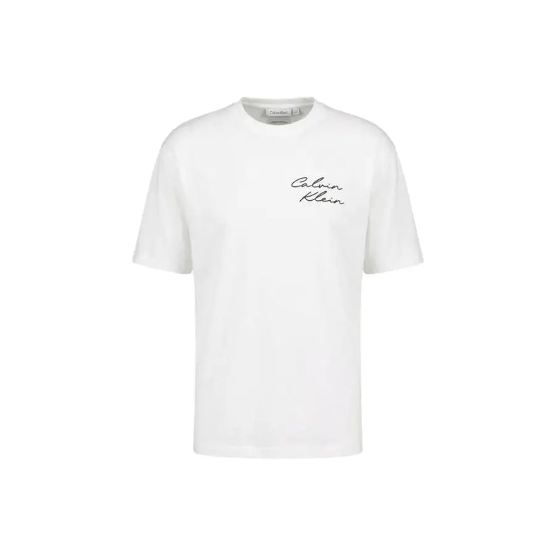 Calvin Klein Jeans Weißes Herren-T-Shirt aus Baumwolle mit Rundhalsausschnitt und schwarzem, geschwungenem Logo auf der Brust (LV04RE828G)
