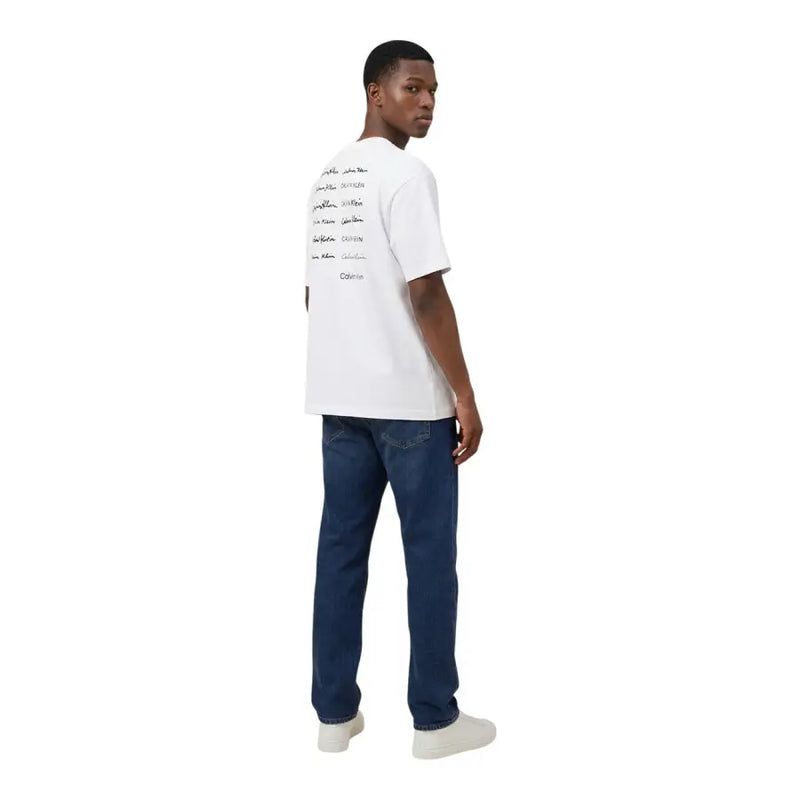 Rückseite aus weißem Baumwollstoff Calvin Klein Jeans Herren-T-Shirt mit schwarzem Aufdruck mehrerer Unterschriften