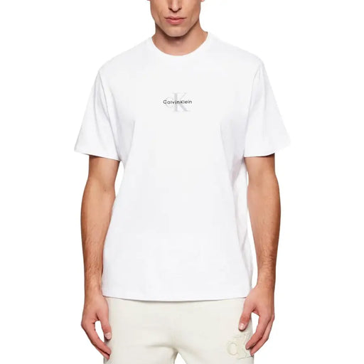 White calvin klein jeans men t-shirt featuring a subtle minimalist logo on the chest in soft cotton material