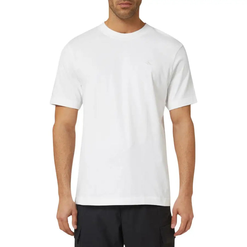 Calvin Klein Jeans Herren weißes Rundhals-T-Shirt t-shirt mit kleinem, gesticktem Logo auf der linken Brust