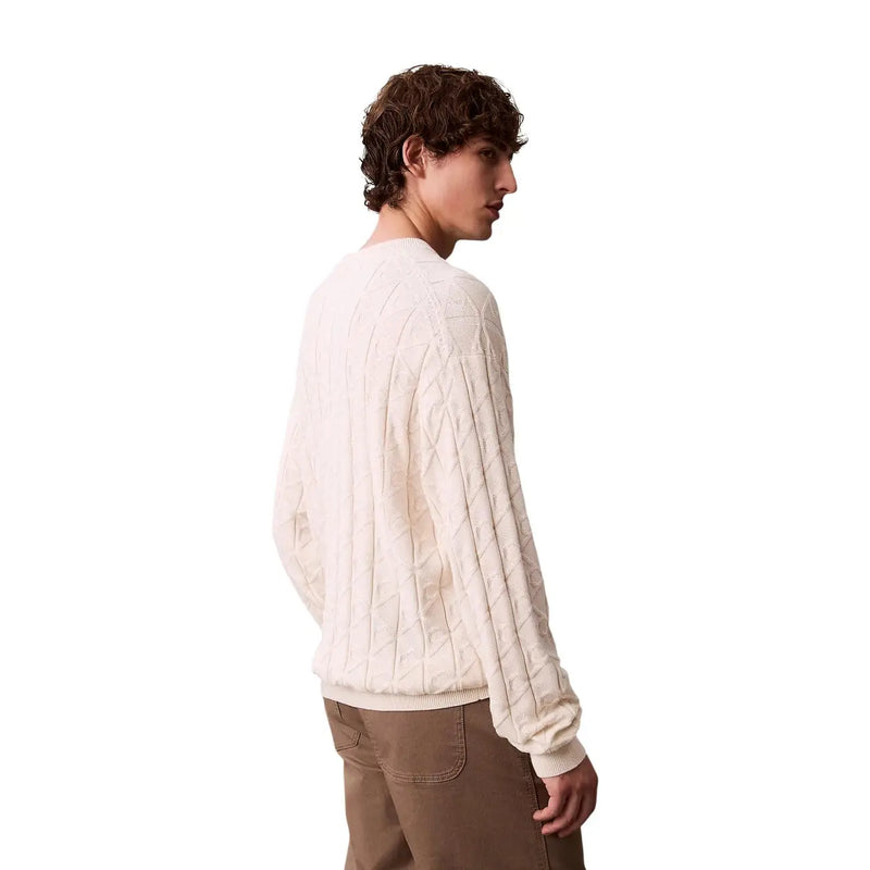 Cream-colored cable-knit cotton sweater with textured geometric pattern from calvin klein jeans men knitwear
