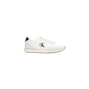 Calvin Klein Jeans Weißer Herren-Sneaker aus Polyester mit Schnürung, schwarzem Logo und Fersenlasche, von der Rückseite gesehen