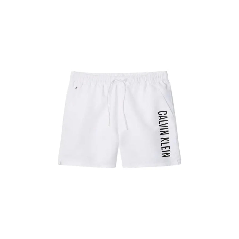 Calvin Klein Jeans Weiße Herren-Badehose aus Polyester mit schwarzem, vertikalem Logo an der Seite