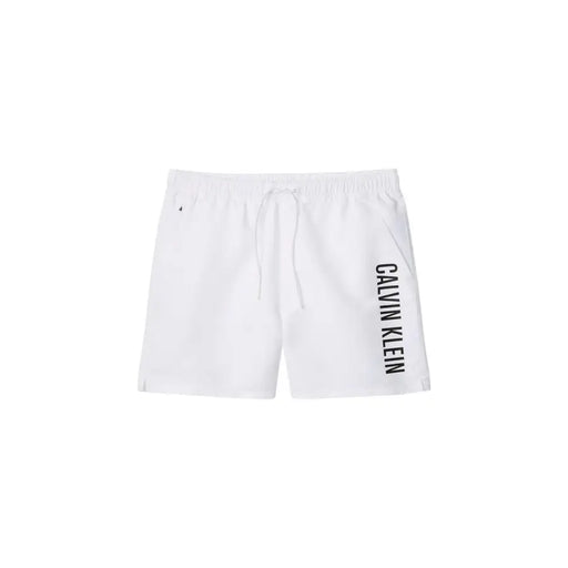 Calvin Klein Jeans men white polyester swim trunks with black vertical branding on the side