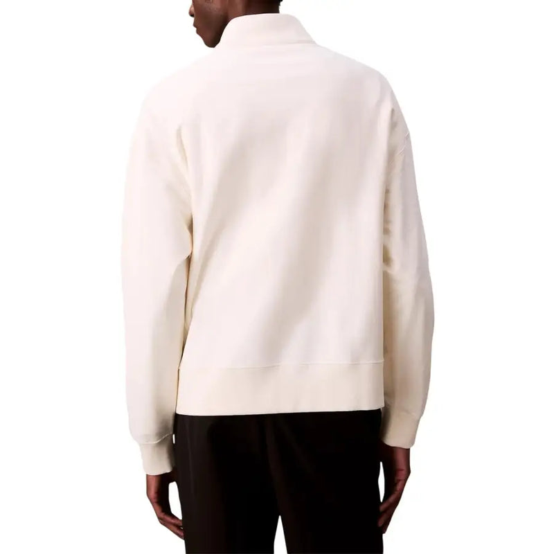 Calvin Klein Jeans Weißer Herren-Rollkragenpullover mit Reißverschluss aus cremefarbenem, weichem Baumwollmischgewebe mit hohem Kragen und gerippten Bündchen