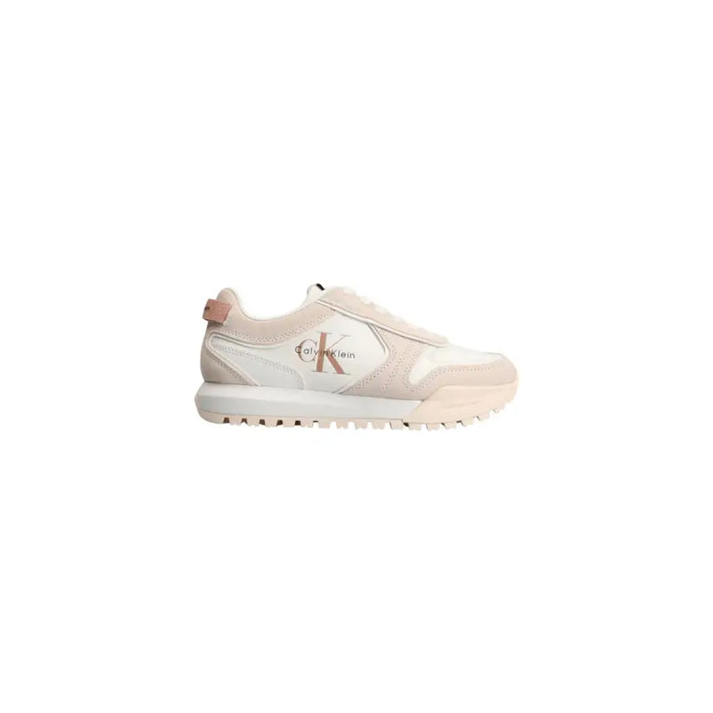 Cream-colored Calvin Klein Jeans white leather women sneakers with sleek minimalist design and rose gold branding for spring summer