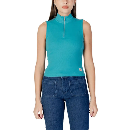 Calvin Klein Jeans teal ribbed sleeveless half-zip turtleneck top
