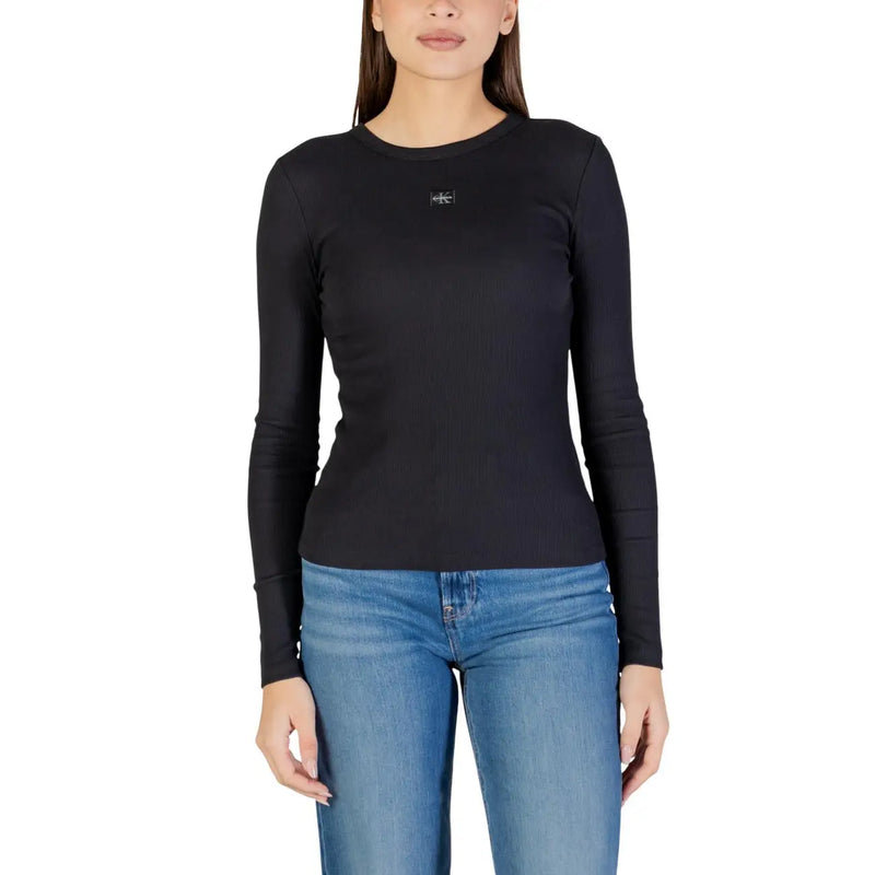 Black cotton long sleeve t shirt by calvin klein jeans with subtle logo on chest and round neck design