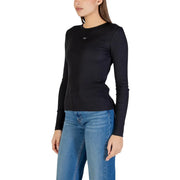 Calvin klein jeans women black cotton long sleeve fitted top with subtle embroidered logo on the chest