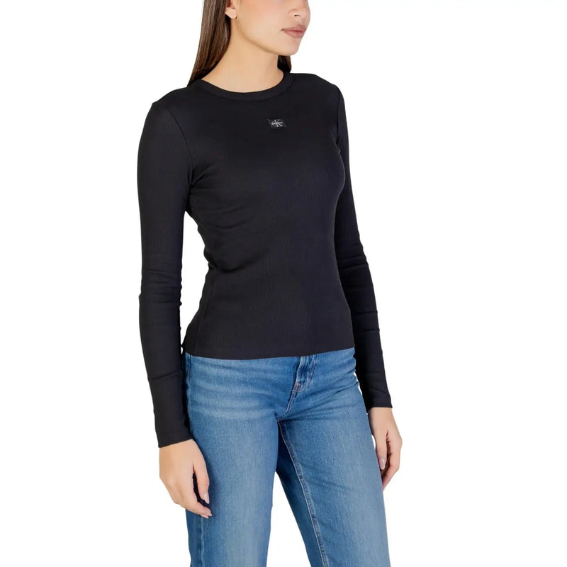 Calvin Klein Jeans women black cotton long-sleeved top with a subtle logo on the chest and round neck design