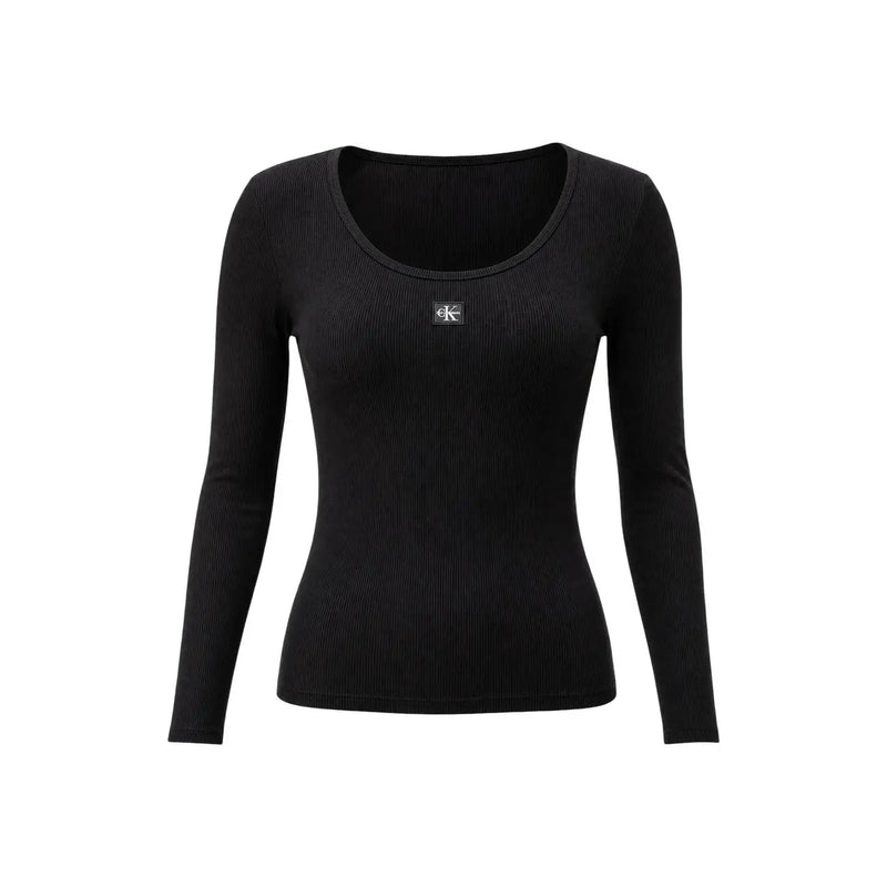 Calvin Klein Jeans Schwarzes, geripptes Damen-Langarmshirt aus Baumwolle mit eckigem Ausschnitt und weißem Logo-Patch auf der Brust