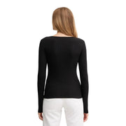Calvin Klein Jeans Damen schwarzes geripptes Baumwoll-Langarmshirt mit Rundhalsausschnitt, Vorderansicht
