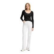 Calvin Klein Jeans Schwarzes Damen-Langarmshirt aus Baumwolle mit Rundhalsausschnitt und dezentem, gesticktem Logo auf der Brust