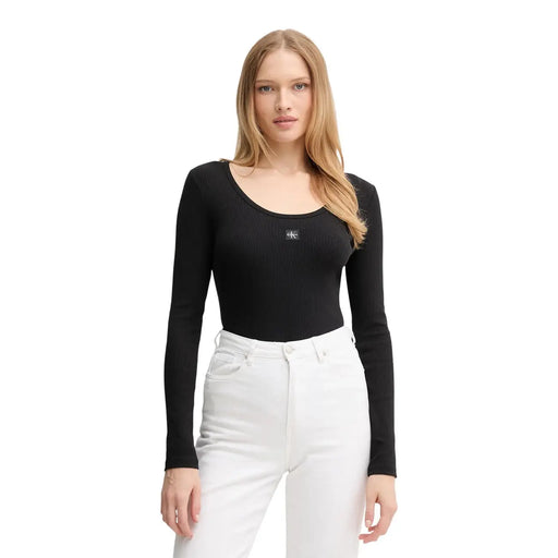 Black cotton long-sleeve ribbed bodysuit with small embroidered logo on chest from Calvin Klein Jeans Women collection