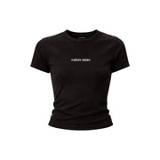 Schwarz Calvin Klein Jeans Frauen beschnitten t-shirt mit geripptem Baumwoll-Rundhalsausschnitt und weißem Logo