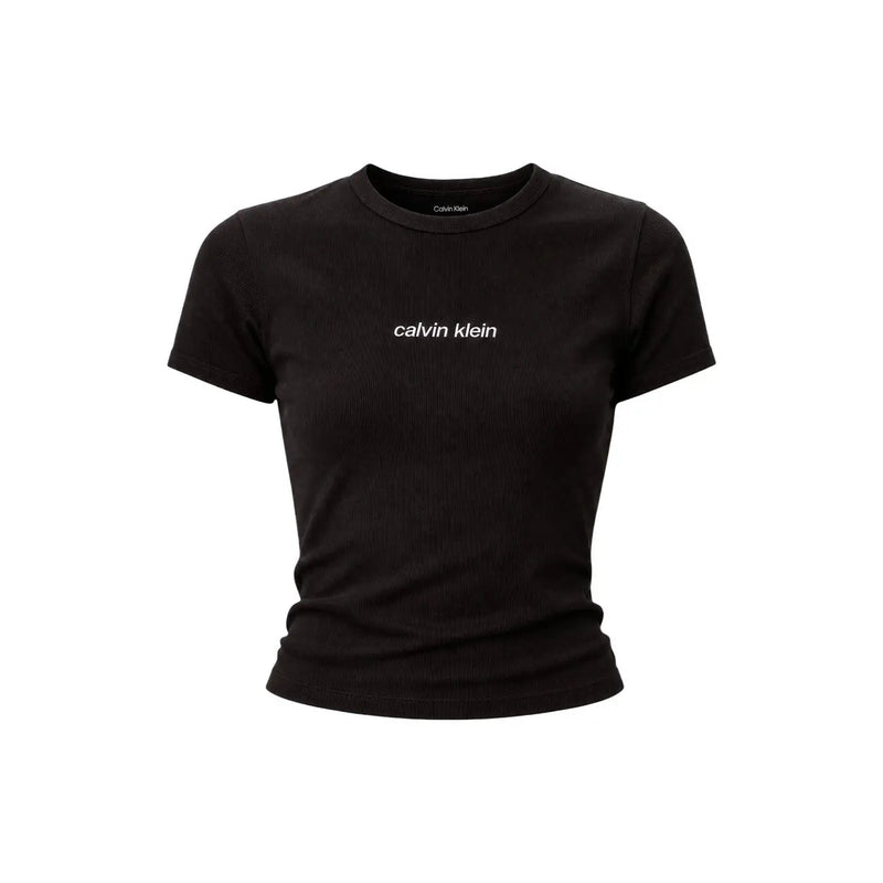 Schwarz Calvin Klein Jeans Frauen beschnitten t-shirt mit geripptem Baumwoll-Rundhalsausschnitt und weißem Logo