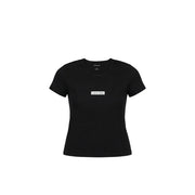 Black Calvin Klein Jeans women short-sleeved cotton t shirt with a white rectangular logo on the chest