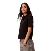 Calvin Klein Jeans women black cotton short-sleeved t shirt with subtle white cursive logo on the chest