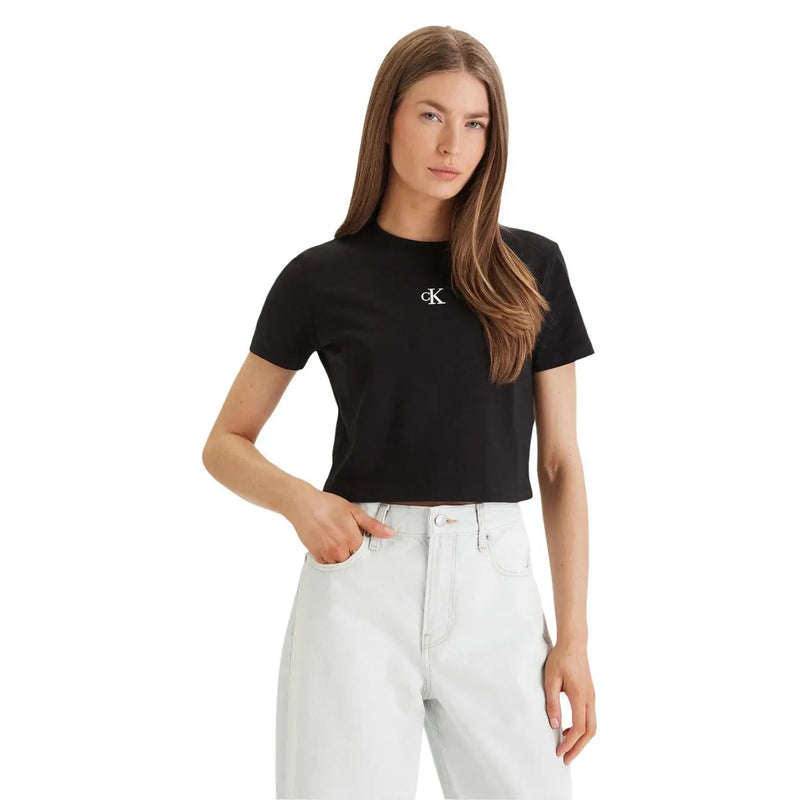 Schwarzes, kurzes Baumwoll-T-Shirt mit Rundhalsausschnitt für Damen mit weißem Aufdruck Calvin Klein Jeans Logo auf der Brust