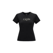 Calvin Klein Jeans Schwarzes, kurzes Damen-T-Shirt aus Baumwolle im klassischen Stil mit weißem Calvin-Schriftzug auf der Brust