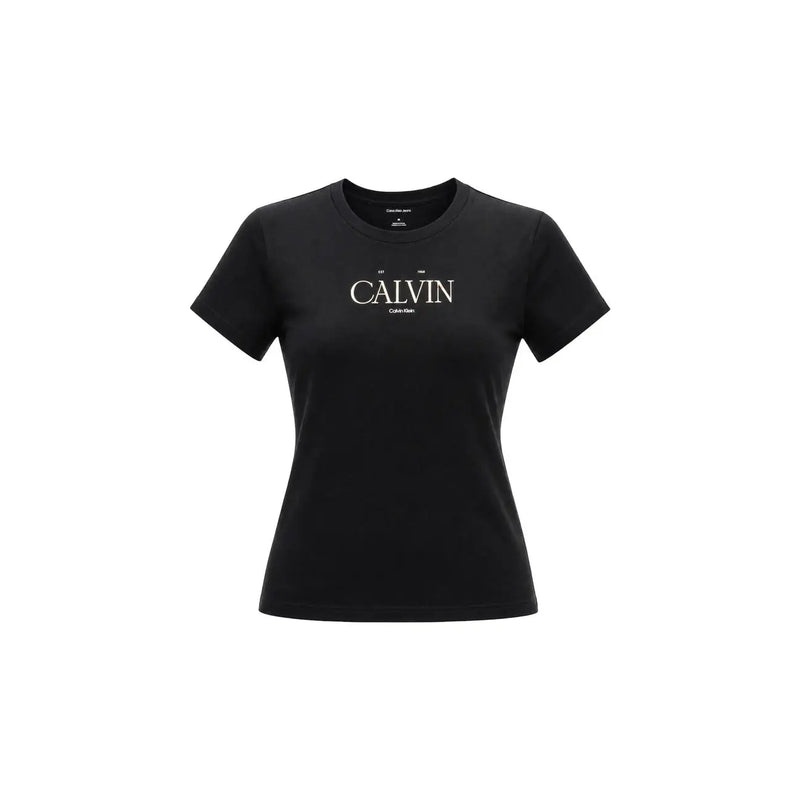 Calvin Klein Jeans Schwarzes, kurzes Damen-T-Shirt aus Baumwolle im klassischen Stil mit weißem Calvin-Schriftzug auf der Brust