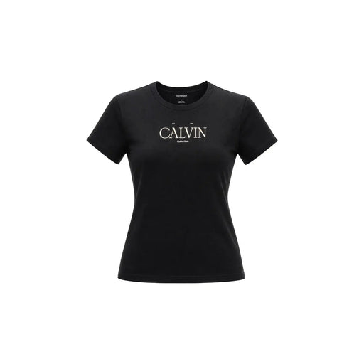 Calvin Klein Jeans Schwarzes, kurzes Damen-T-Shirt aus Baumwolle im klassischen Stil mit weißem Calvin-Schriftzug auf der Brust