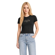 Schwarz Calvin Klein Jeans Kurzes, klassisches Damen-T-Shirt aus Baumwolle mit weißem Calvin-Schriftzug auf der Brust