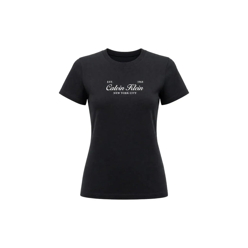 Schwarz Calvin Klein Jeans Kurzarm-T-Shirt aus Baumwolle für Damen mit weißem Est-Print und klassischem Design