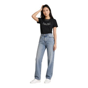 Calvin Klein Jeans Schwarzes kurzes Damen-T-Shirt aus Baumwolle mit weißem, geschwungenem Logo und dem Schriftzug „New York, NY“ auf der Vorderseite