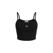 Calvin Klein Jeans Schwarzes, geripptes Crop-Top aus Baumwolle für Damen top mit dünnen Riemen und kleinem Logo-Aufnäher mittig vorne