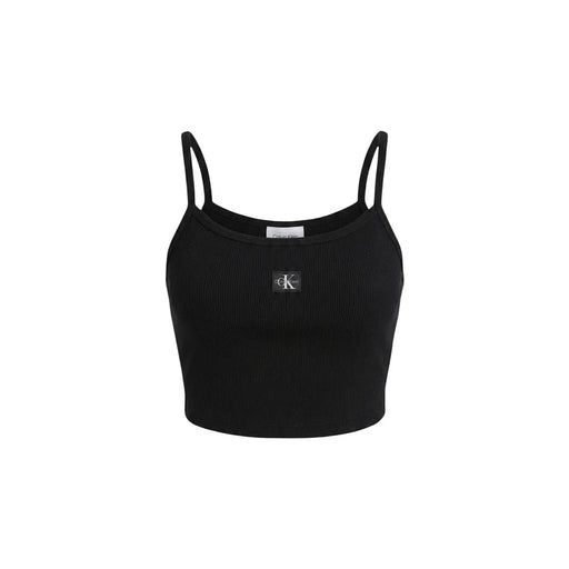 Calvin Klein Jeans Schwarzes, geripptes Crop-Top aus Baumwolle für Damen top mit dünnen Riemen und kleinem Logo-Aufnäher mittig vorne