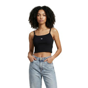 Calvin Klein Jeans Schwarzes, kurzes Baumwoll-Top für Damen top mit dünnen Trägern und kleinem, auf der Brust aufgesticktem Logo