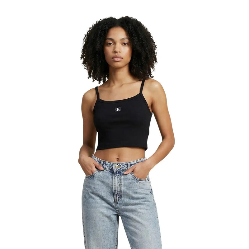 Calvin Klein Jeans Schwarzes, kurzes Baumwoll-Top für Damen top mit dünnen Trägern und kleinem, auf der Brust aufgesticktem Logo