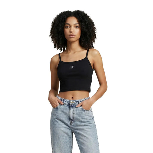 Calvin Klein Jeans Schwarzes, kurzes Baumwoll-Top für Damen top mit dünnen Trägern und kleinem, auf der Brust aufgesticktem Logo