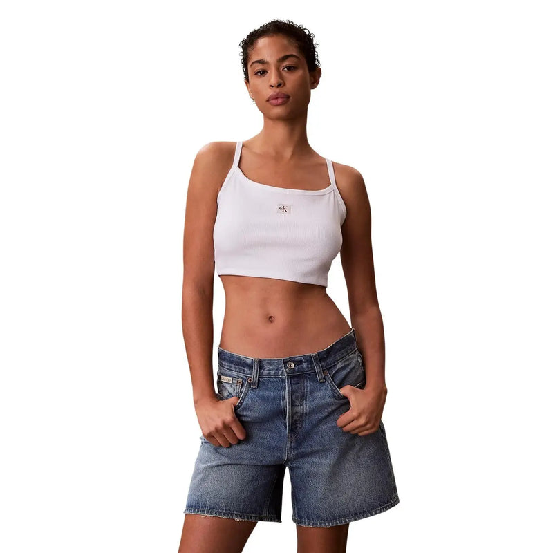 Calvin Klein Jeans Damen weiß Baumwolle Cropped top mit dünnen Trägern und kleinem gesticktem Logo auf der Brust