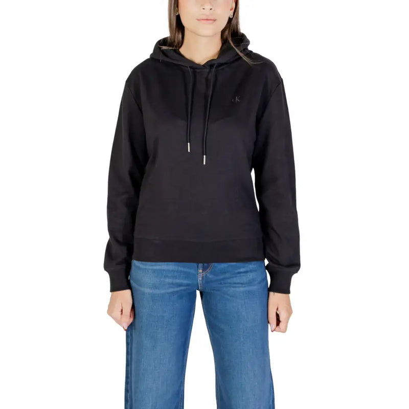 Calvin Klein Jeans Schwarzer Damen-Kapuzenpullover mit dezenter Bruststickerei und silberfarbenen Kordelenden