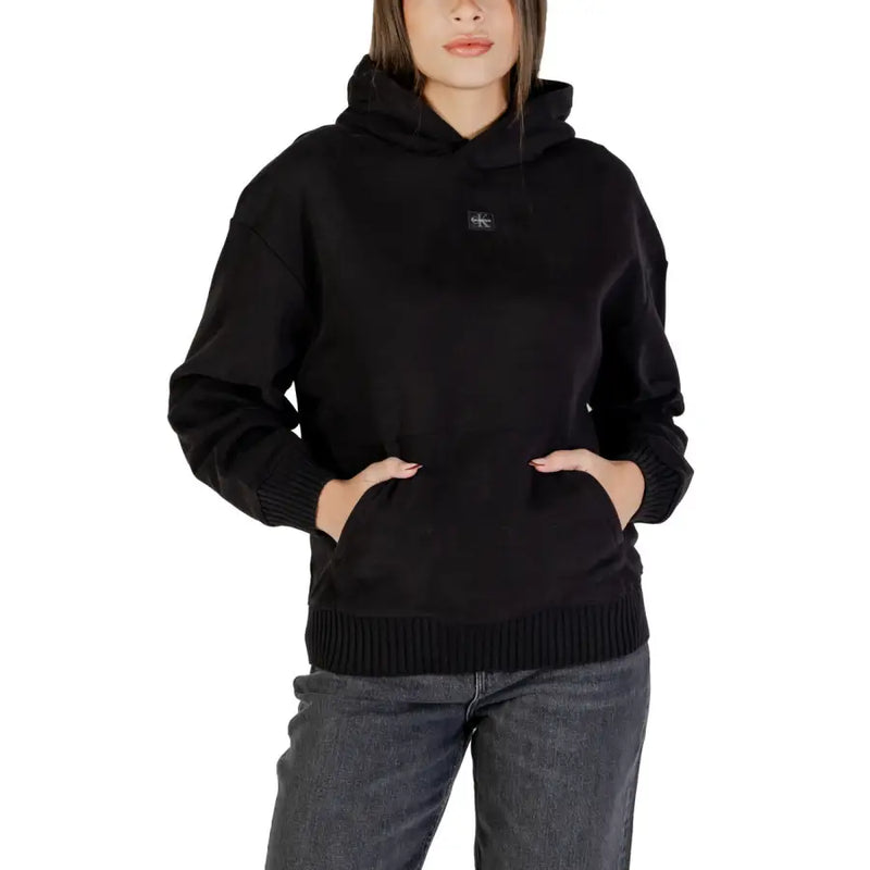 Calvin Klein Jeans women black hooded sweatshirt with ribbed cuffs and hem and small embroidered chest logo