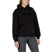 Calvin Klein Jeans women black hooded sweatshirt with ribbed cuffs and hem and a small embroidered logo on chest