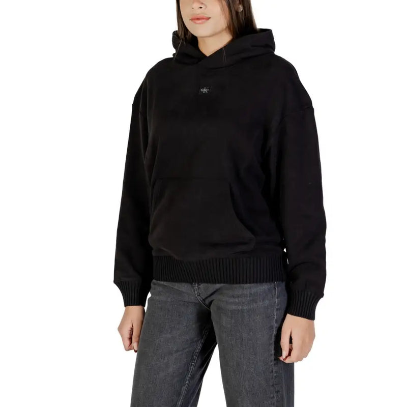 Calvin Klein Jeans women black hooded sweatshirt with ribbed cuffs and hem and small embroidered logo on the chest