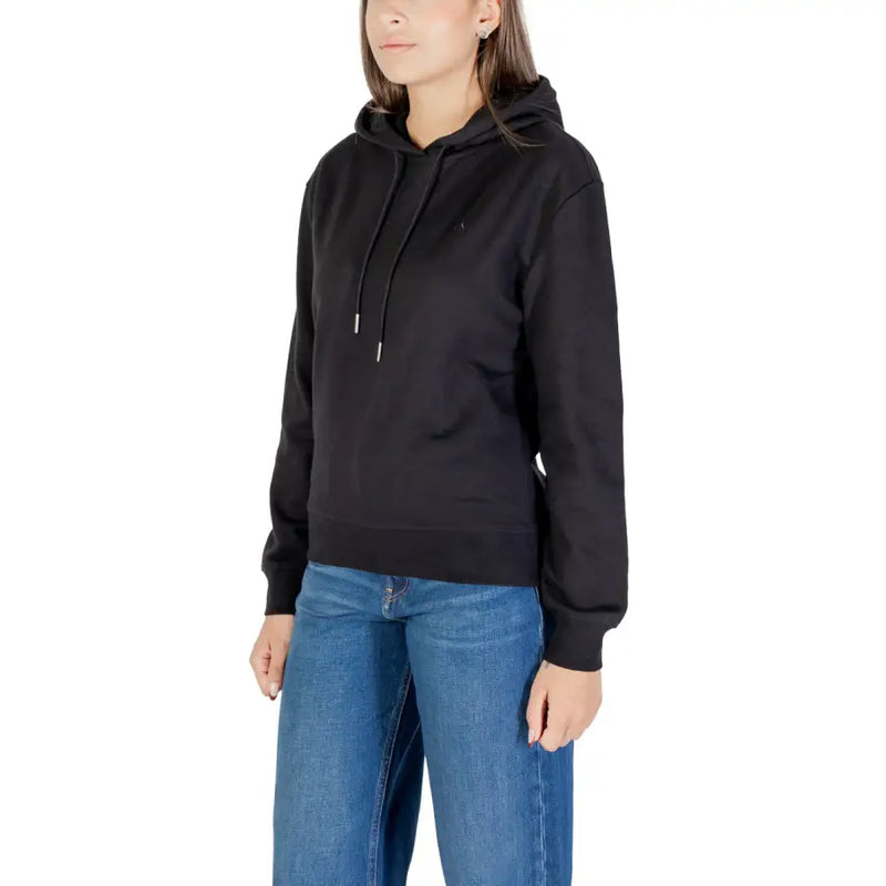 Calvin Klein Jeans Schwarzer Damen-Kapuzenpullover mit Kordelzug und kleinem, gesticktem Logo auf der Brust