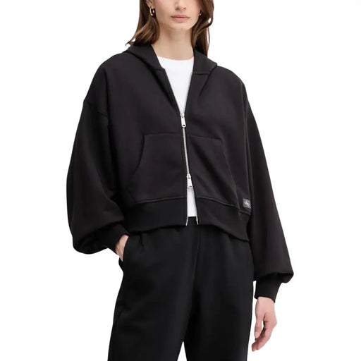 Calvin Klein Jeans womens black cropped zip hoodie with ribbed cuffs