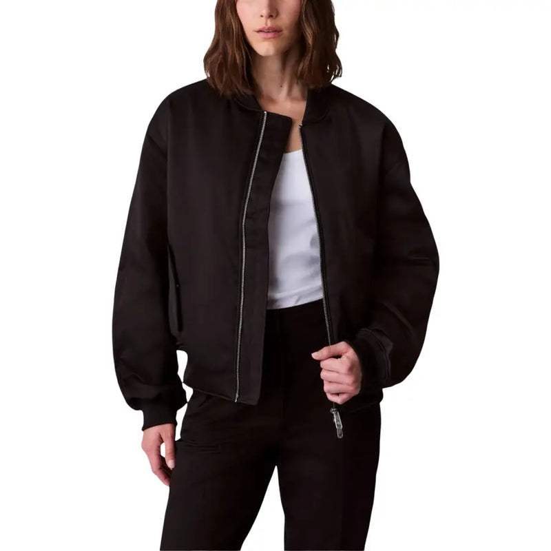 Calvin Klein Jeans women black polyester bomber jacket with sleek matte finish and silver zipper accents