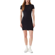Woman wearing Calvin Klein Jeans black short round neck cotton elastane dress
