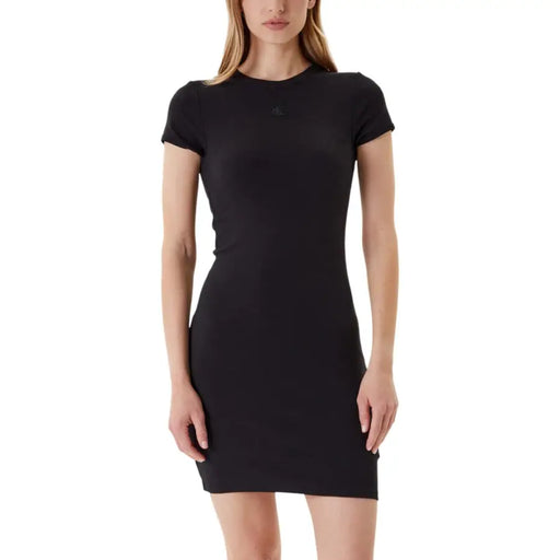 Black Calvin Klein Jeans women’s mini dress with short sleeves and crew neck
