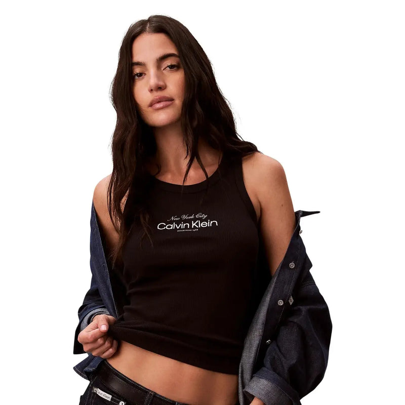 Schwarz Calvin Klein Jeans Ärmelloses Tanktop mit Rundhalsausschnitt für Damen top mit weißem New York City und Calvin Klein Beschriftung