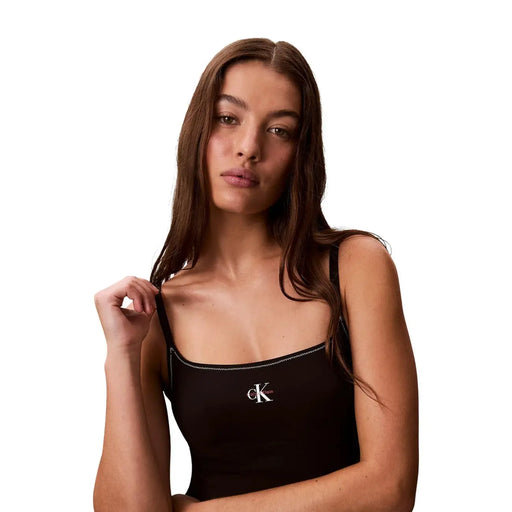 Calvin Klein Jeans Schwarzer Damen-Badeanzug aus Nylon und Elastan mit schwarzem Tanktop top mit weißem Logo und Ziernähten