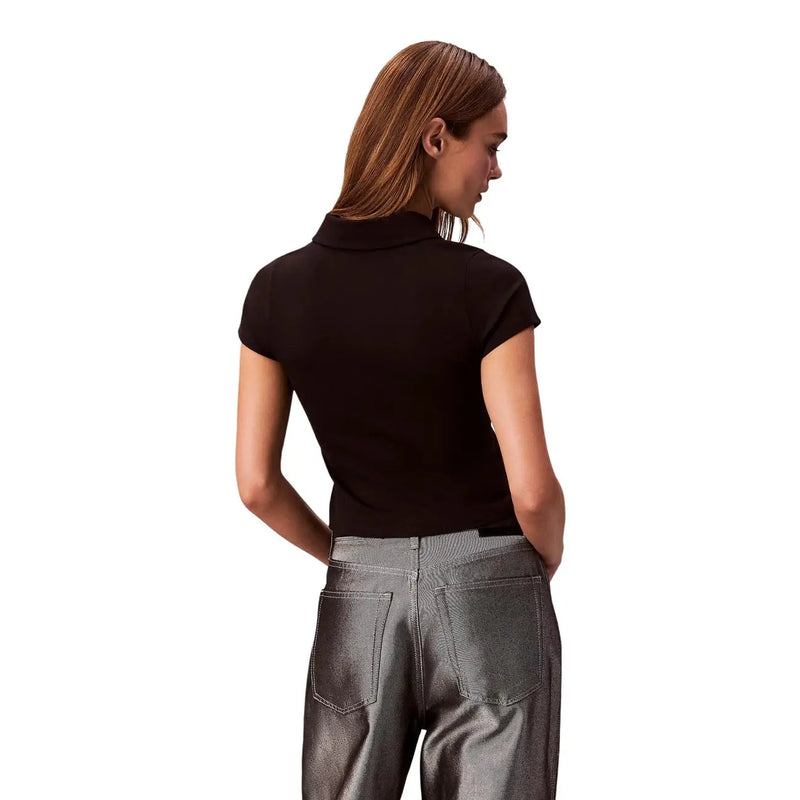 Calvin Klein Jeans women black viscose short-sleeved polo shirt with fitted silhouette and ribbed collar