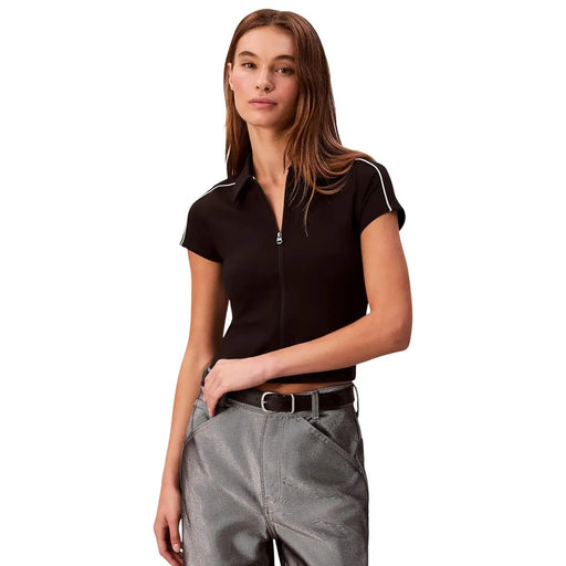 Calvin Klein Jeans Schwarzes Damen-Poloshirt aus Viskose mit weißer Paspelierung an Kragen und Ärmeln, Kurzarm-Design